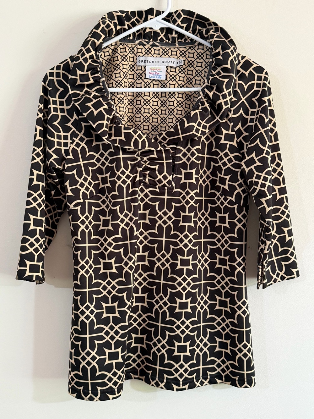 Gretchen Scott Jersey Medium Top Geometric Ruffle Collar 3/4 Slv Black Resort